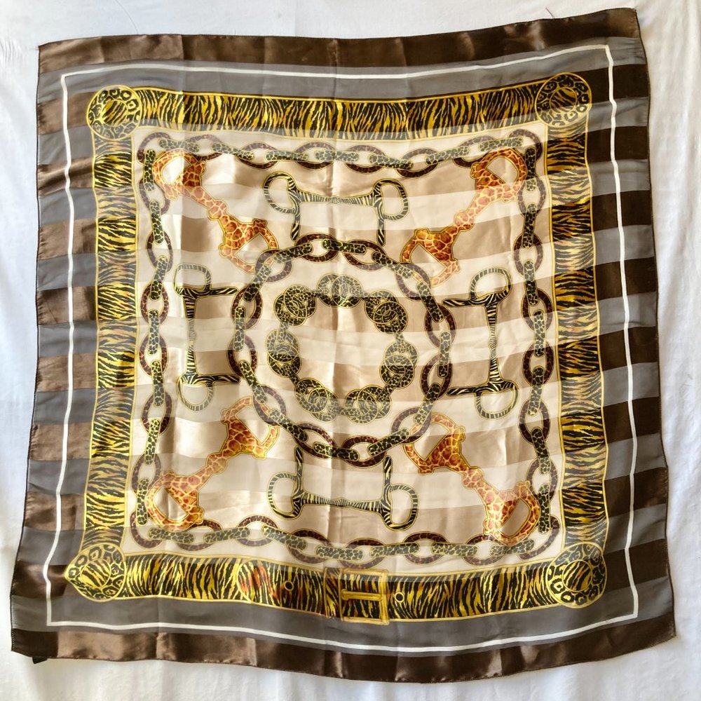 Vintage Chain Belt Buckle Scarf Wrap Shawl Polyester Satin Gold Brown 39 X 40"